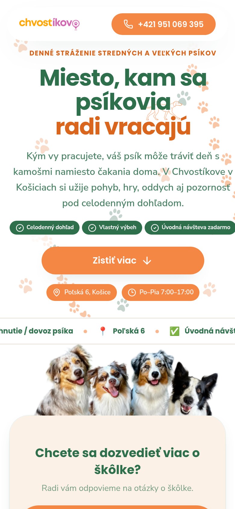 Skutočná mobilná stránka Psia škôlka Košice, nevyplnená