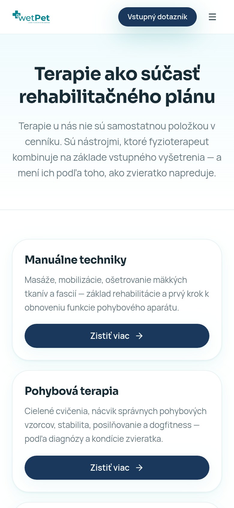 Skutočná mobilná stránka terapií webu wetPet